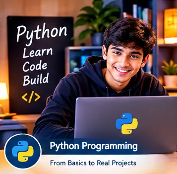 Python सीखता मुस्कुराता विद्यार्थी, पीछे ब्लैकबोर्ड पर Python लिखा है